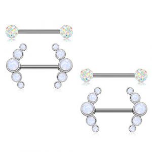 Mayhoop 2 Paires Piercing Téton Mamelon Acier Chirurgical Argent Boule de Cristal Opale Anneaux de Téton Mamelon Barbell Bijoux de Piercing (Mayhoop, neuf)