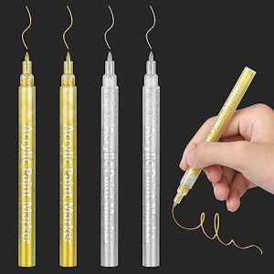 DONQL Lot de 4 marqueurs acryliques m&eacute;tallis&eacute;s &agrave; paillettes 0,7 mm - Marqueurs acryliques permanents pour pierres, &eacute;tanches, marqueurs permanents - Marqueur permanent m&eacute;tallique (dor&eacute; et argent&eacute;) (Coolsale, neuf)