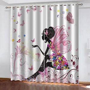 CTQTZ Anim&eacute; Fille Fleurs Papillon Rideaux occultants Lot de 2 Papillon F&eacute;e Rideaux avec Oeillets 170x200 cm (Largeur x Hauteur) Rideaux Opaques Moderne pour Chambre d'enfant (DongYongHome, neuf)