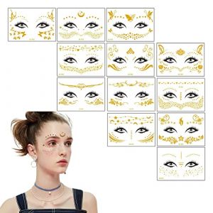 12 Feuilles Tatouage Temporaire Visage, Autocollants de Tatouage Métalliques, Tatouage Visage Femme, Faux Tatouage, Tattoo Temporaire, Pour Filles et Jeunes Femmes Pour les Yeux Visage Fête (qingmengqiug, neuf)