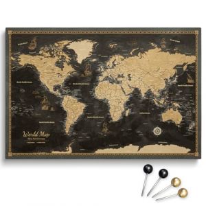 Toile personnalisable motif carte du monde en liège à épingler, parfaite pour les voyageurs et la décoration murale – tableau décoratif sur toile, 100 punaises inclus (Design 1 EN, 150x100 cm) (Pinmap, neuf)