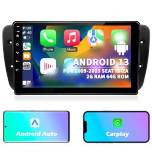 Autoradio pour Seat Ibiza 6J 2009 2010 2011 2012 2013, Android 13 GPS FM 2+64G, écran Tactile 9 Pouces, Prend en Charge la Navigation Carplay Android Auto Bluetooth 5.0 WiFi Radio à Commande vocale (GUIDACHANG, neuf)