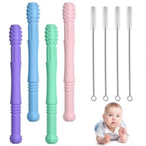 Vicloon Anneau dentition Silicone Dentition, 4pcs Jouets de Dentition Silicone avec 4 Brosse de nettoyage, Anneau de Dentitio Anneaux Refrigerant Jouet Calme Apaise Douleurs (Bleu/Vert/Rose/Violet) (HANSBUY, neuf)