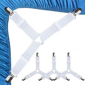 VONJUMA 4 Pièces Tendeur Drap Housse Blanches Aattache Drap Housse Élastiques Ajustables Sangle Drap Housse Avec Pinces Métalliques Pour Draps De Lit Housses De Matelas Coussins De Canapé (VONJUMA STORE, neuf)