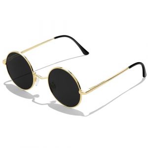 KANASTAL Lunettes de Soleil Ronde Femme et Homme Vintage Lunette de Soleil Noire Monture Dor&eacute;e R&eacute;tro Classique Hippie Steampunk Polaris&eacute;e UV400 (kanastal, neuf)