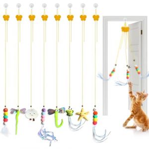 JNYUTEEN 8 Pi&egrave;ces Jouet Suspendu pour Chat, Jouet Interactif d'Autonomie avec Cadre de Porte Clochette et Plumes, Jouet pour Chat pour Jeu et Dressage (Jie Cein, neuf)