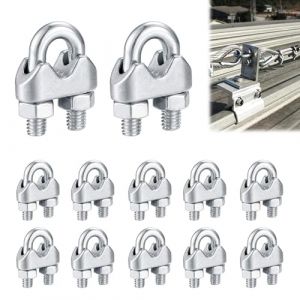 Serre Cable Inox 6mm, 12 Pièces Cmétalliques M6 Pince de Câble Métallique U pinces, Attaches pour Câbles Métalliques Acier Inoxydable, pour Corde à Linge, Auvent et Fixation（M6） (FEEPP, neuf)