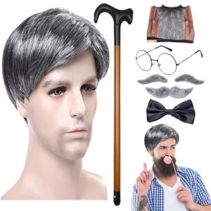 Ensemble de perruques vieil homme | / ensemble perruque vieil homme grand-p&egrave;re &ndash; canne de marche, lunettes, faux sourcils, moustache, n&oelig;ud papillon pour grand-p&egrave;re cosplay (arotperar, neuf)
