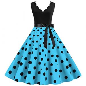 Robe Ann&eacute;e 60 Pin-Up Femme Sexy Col V sans Manche Retro Robe Style 1950's Audrey Hepburn Pin-Up Rockabilly Elegante Polka Dot Trap&egrave;ze Vintage Robes Swing Robe De Bal F&ecirc;te C&eacute;r&eacute;monie Mi Longue (Blingko, neuf)