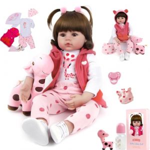 RUNGQIANY PoupéE Reborn Fille 22 Pouces 55 Cm PoupéE RéAliste avec Accessoires, Tenue Rose à Pois, Peluche Girafe, VêTements Et Jouets Bebe Reborn Fille Vinyle en Silicone Souple Poupee Reborn (YANXIA TOY, neuf)