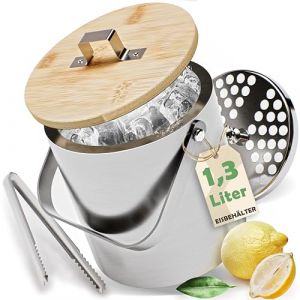 Rebelnomading Seau à glaçons de qualité supérieure avec couvercle en bambou et pince - 1,3 l - Grand bac à glaçons - Seau à glace pour glaçons - Seau à glace avec couvercle - Seau à glaçons en acier (RebelNomading, neuf)