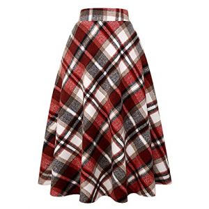 Ylingjun Jupe Longue en Laine &agrave; Carreaux pour Femme - pour l'hiver et l'automne - Taille &eacute;lastique - Coupe &eacute;vas&eacute;e pliss&eacute;e en Laine, Rouge vin, Taille M (Songzhongshangmao, neuf)