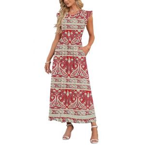 AUSELILY Robe &agrave; Manches Courtes &agrave; Volants V&ecirc;tements Longue D&eacute;contract&eacute;e pour Femme avec Poches Jupe de Plage L&acirc;che D'&eacute;t&eacute; &agrave; Col Rond(Rouge Boh&egrave;me, L) (JIOTANG EU, neuf)