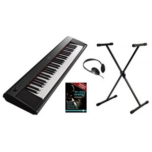 Yamaha Piaggero NP-12B Kit piano portable avec 61 touches dynamiques, 10 sons de qualité, enregistrement, support de clavier, casque, école de piano, USB, piles (MusicScout, neuf)
