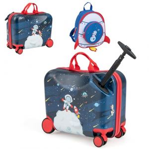 GOPLUS Valise Enfant Fille Gar&ccedil;on, Valise Enfant &agrave; roulettes 18" & Sac &agrave; Dos 12", Bagage Voyage Enfant d'Assise avec Repose-Pieds, Surface &Eacute;tanche, Poign&eacute;e R&eacute;glable, Motif Astronaute, Charge 50/8KG (Augenstern24, neuf)