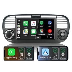 Autoradio sans Fil CarPlay pour Fiat 500 2007-2015,écran IPS 7",Autoradio Fiat 500 Compatible avec Android Auto et Mirrorlink,SWC d'origine,Bluetooth,AM FM RDS,USB,EQ/DSP/Subwoofer,Navigation (Noir) (Wangwan, neuf)