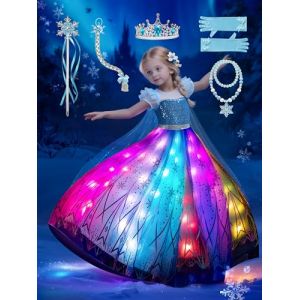 BLINGCOS Deguisement Fille, Robe Princesse Sync avec Rythme de Musique, Contr&ocirc;lable par APP, Robe Lumineuse LED RGB Kit de F&ecirc;te avec 6 Accessoires pour Halloween, No&euml;l, Carnaval, 7-8 Ans (UPOR, neuf)