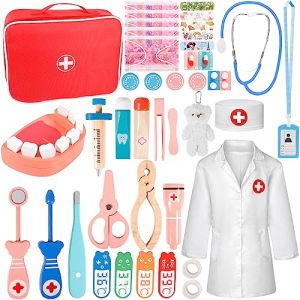 Malette Docteur Enfant Jouet, Jeu de Docteur, Jouet de Docteur en Bois pour Enfants avec Stéthoscope, Seringue, Manteau de Docteur et Autres Accessoires, Cadeau de Jouets de Simulation pour 3-10 Ans (HMING-EU, neuf)