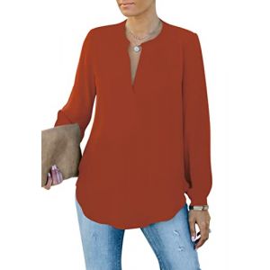 Homlan Chemisier élégant pour Femme - Col en V - Manches Longues - Décontracté - Tunique à Manches Longues - Couleur Unie, Orange, M (Homlan, neuf)
