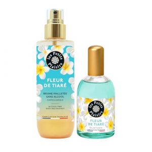 Les Petits Plaisirs - Lot Brume parfum&eacute;e Fleur de tiar&eacute; paillet&eacute;e + Eau de toilette Fleur de tiar&eacute;. Made in France, Brume 200ml, Eau de toilette 110ml (Les Petits Plaisirs France, neuf)