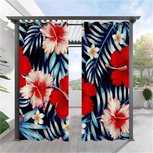 Hiseng Rideaux Extérieur Imperméable, Motif Plante Feuilles 3D Rideau Occultant Isolant Thermique 2 Pieces Rideau d'Extérieur pour Pergola Terrasse avec Oeillet (101x213cm,Fleur Rouge) (Hiseng, neuf)