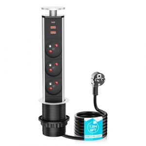 Bloc Prise Encastrable 3 Prise fran&ccedil;aise avec 2 USB-A,1 USB-C PD20W,Airmom Multiprise Escamotable Plan de Travail Cuisine,4000W/16A, &Oslash; 60mm,C&acirc;ble de 1.8m (Airmom, neuf)