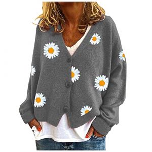 WVONIF Femmes Pull Chaud Manteau de Finition Cardigans Impression à Manches Longues Sweat col en v recadrée élégant Pull Haut Plaid Polaire Pull (Grey-B, M) (BAULMD?90% Big Promotion Without Discount Code ?, neuf)