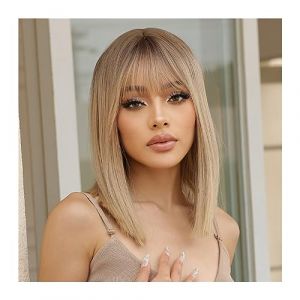 Perruques de cheveux humains Perruques synthétiques courtes droites Bob gris cendré blond avec frange perruque de cheveux naturels for les femmes blanches quotidiennes résistantes à la chaleur Perruqu (linjie20248, neuf)