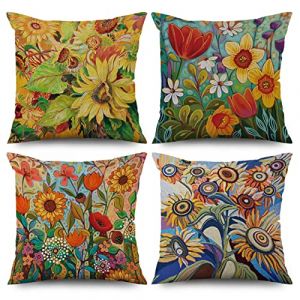 ASDCXZ Housse de Coussin Fleur 45x45 cm, Lot de 4 d&eacute;coratives pour canap&eacute; Peinture &agrave; l'huile r&eacute;tro Motif de Mer Lavable Lin Textile ext&eacute;rieur taie d'oreiller (Qingjuan Trade, neuf)
