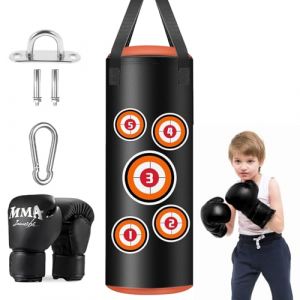 Sac de Frappe Enfant, Set de Sacs de Boxe Suspendus avec Gants, Cha&icirc;nes et Crochets de Fixation, Sac de Frappe en Cuir Microfibre pour l'entra&icirc;nement Kickboxing Fitness MMA Grappling Muay Thai Karat&eacute; (JackPan, neuf)