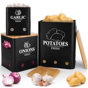 TAVADA Lot de 3 Boite Pomme de Terre,bo&icirc;tes de rangement pour pommes de terre, oignons et ail avec Couvercle en Bambou &ndash; Noir,empilable,ventilation pour fra&icirc;cheur,id&eacute;al pour cuisine et cellier (HADALA YYDS Kft., neuf)