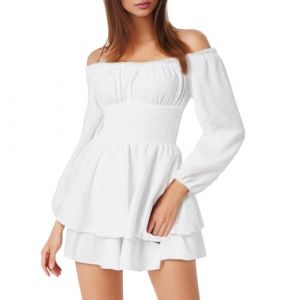 QIUhhpuy Robe Blanche Courte Robe Pirate Blanche pour Femmes avec Shorts Int&eacute;Gr&eacute;S en Dessous Manches Longues/Courtes &eacute;Paules D&eacute;Nud&eacute;Es &agrave; Volants Coupe Trap&egrave;Ze 2 en 1 Courte Style Boh&egrave;Me D&rsquo;&eacute;T&eacute; De Plage (QIUhhpuy, neuf)