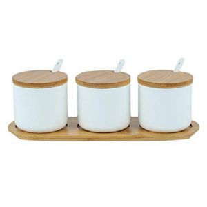 Onepine Lot de 3 Céramique Sucrier Rond Seasoning Containers Pot à épices Sel Spice Jar Condiments boîte avec Cuillère et Plateau en bambou (OnePines, neuf)