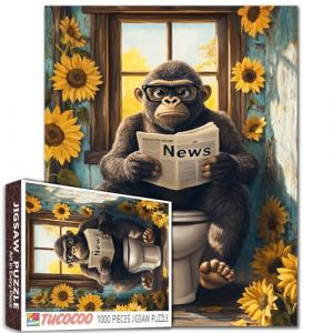 Puzzle gorille amusant de 1000 pièces pour adultes – Puzzle animal de salle de bain avec lunettes, lecture, journal, toilettes, casse-tête humoristique fantaisiste rustique décoration d'intérieur (CocooTu, neuf)