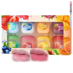 Coffret de 8 baumes à lèvres fruités, comprenant 8 parfums différents : gloss, baumes hydratants et masques pour les lèvres. Ce coffret 4-en-1 hydrate et répare les lèvres. (1Set) (hefeiwanglu, neuf)