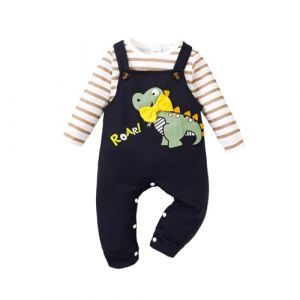 UUAISSO Bébé Garçon Vêtements Manches Longues Rayures Hauts Dinosaure Imprimé Salopette Réglable Bretelles Pantalon Tenue Ensemble Marron 3-6 mois (XXIE, neuf)