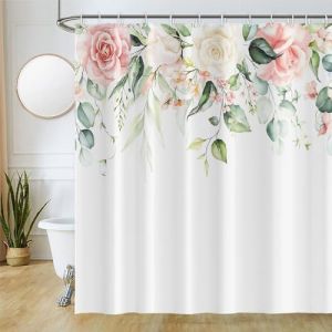 Uiiooazy Rideau Douche Anti Moisissure, Rideau Douche 220x180cm Feuilles d'eucalyptus Vert Fleuri Rose Rideaux de Baignoire Tissu Lavable Imperméable Polyester Rideaux Salle de Bain avec 12 Crochets (dongguibinjingpinxiaodianpu, neuf)