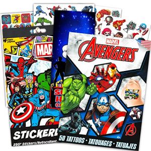 Marvel Super ensemble de cadeaux de fête Avengers ~ Le lot comprend plus de 295 autocollants Avengers et 50 tatouages temporaires Avengers pour enfants | Fournitures de fête Marvel Avengers (Bixem, neuf)