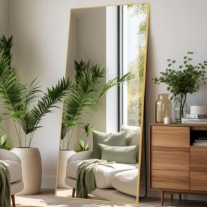 LunaMirror Miroir Intégral 180 x 76 cm Rettangolare Miroir sur Pied Grand Miroir À Poser au Sol pour Chambre à Coucher, Salon et entrée, Verre Trempé, Cadre en Alliage d’Aluminium Doré (LunaMirror, neuf)