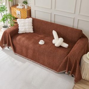 Royhom Housse de Canapé d'angle, Housse Canapé 2 Places, Orange Couvre Canape Chenille, Protege Canape Angle avec Glands Décoratifs, Anti-Rides, Pur Marron, 180x300 cm (Royhom Europe, neuf)