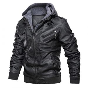 Generisch Veste d'hiver pour homme - Veste blouson pour homme - Hiver Loisirs - Courte &eacute;paisseur - Veste en cuir &agrave; capuche - Fermeture &eacute;clair - Manteau de moto chaud, Noir , 3XL (⭐⭐⭐⭐⭐Five Love⭐⭐⭐⭐⭐, neuf)