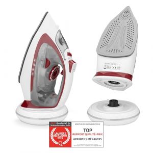 TZS First Austria Fer à Repasser Sans Fil, 2200-2400W, avec Réservoir d'Eau de 450ml, Semelle en Céramique, Température et Intensité de Vapeur Réglables Manuellement, Anti-Calc, Blanc et Rouge (TZS First E Commerce GmbH, neuf)