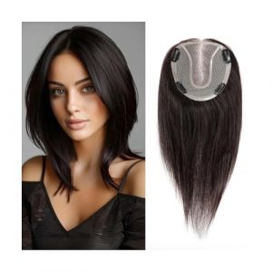 Postiche Femme 14 pouces Base en dentelle Cheveux humains Toppers for femmes 4 clips, pièces avec cheveux clairsemés Naturel Véritable Cheveux humains Toppers Postiche Cheveux Femme(Natural Black) (zuwanguk, neuf)
