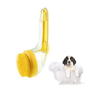 Brosse de bain 2 en 1 avec distributeur de savon pour animal de compagnie - Brosse à shampooing 2 en 1 pour chien - Bain de massage à long manche pour douche et nettoyage quotidien (jaune) (dsergh, neuf)