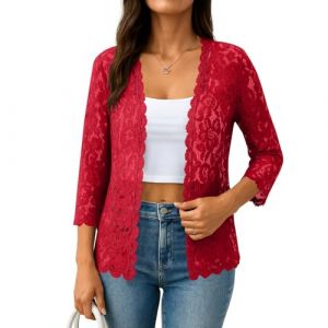 Générique Cardigan Femme Long Gilet Grosse Maille Femme Manches Longues Fin Cardigan Dentelle Haut Dentelle Grande Taille Top Casual Uni Ete Automne Blouses Vetement 2#Rouge S (SHONTON, neuf)
