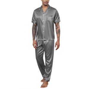 Reliwel Pyjama Homme Ete Satin Pyjama Short Homme en Soie Boutonn&eacute; Chemise Manches Courtes et Pantalon Long Deux Pi&egrave;ces v&ecirc;tements de Nuit Confortable Doux (Reliwel-FR, neuf)