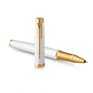 Parker IM stylo roller - Laqué perle Premium avec attributs dorés - Pointe fine avec recharge d’encre noire - Coffret cadeau (Parker - Rotring - Waterman, neuf)