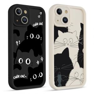 Phoona 2 Pi&egrave;ces Coque pour iPhone 13 Mini 5,4'', &Eacute;tui Souple TPU Aesthetic Motif Dessin Durable Fine Silicone Housse de Antichoc Anti-Rayures Camera Protection Cover pour Fille, Noir-Chat25 (WEST COAST KNITWEAR EU, neuf)