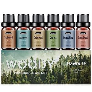 HANOLLY Huile Essentielle Bois 6x 10ML, Huiles Essentielles Naturelle Pour Diffuseur, Massage, DIY Bougie - Bois de Teck, Agar, C&egrave;dre, Santal, Cypr&egrave;s, Pin des For&ecirc;ts (JGWL-EU, neuf)