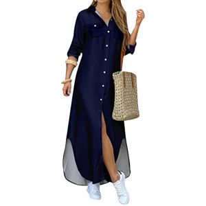 YMING Femme Robe Maxi Robe Chemise à Manches Longues avec Robe Fendue Fluide Ouverte sur Le Devant Bleu Marine XL (Jasonne, neuf)